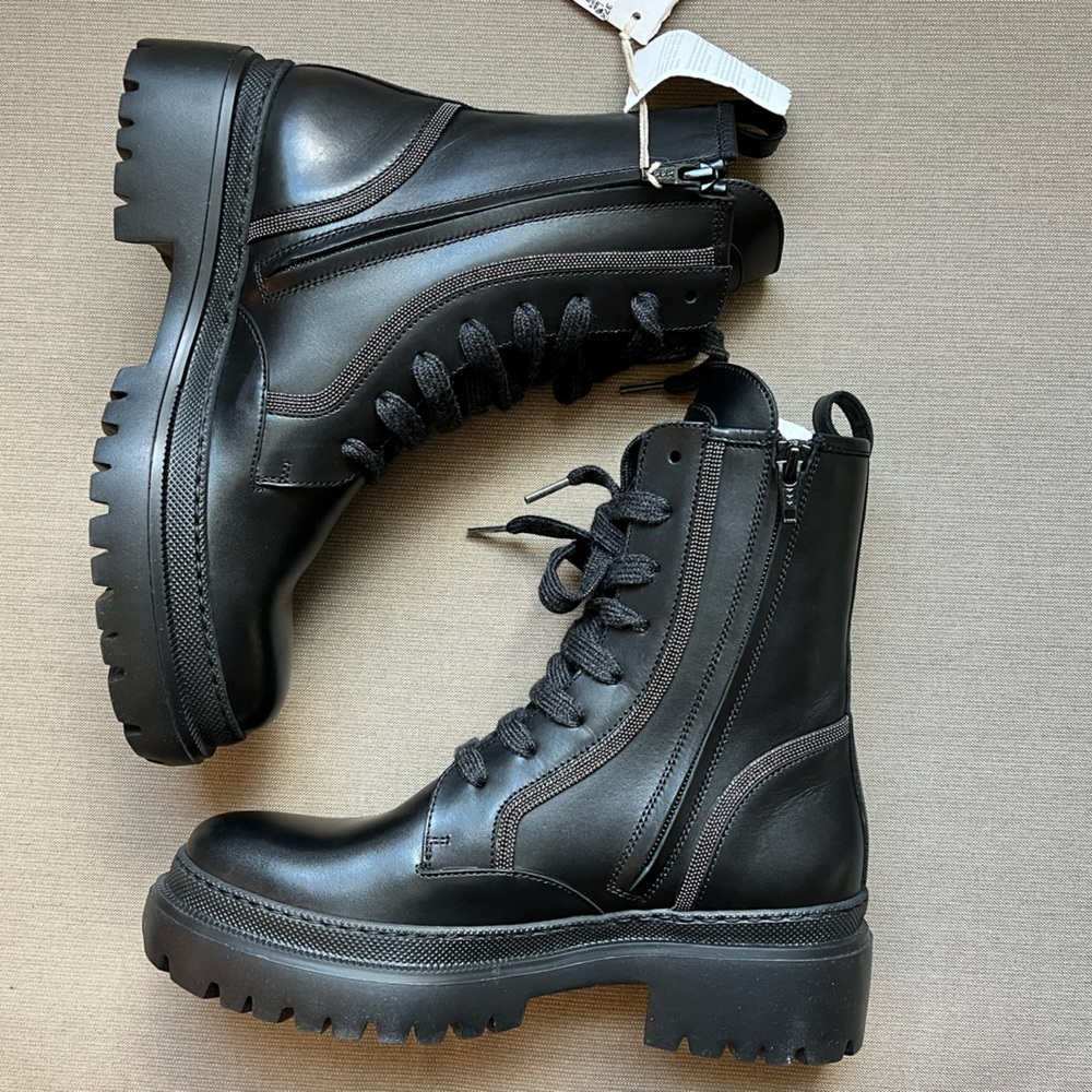 Brunello Cucinelli Black Leather Combat Boots with monili size 37.5 - Picture 3 of 10